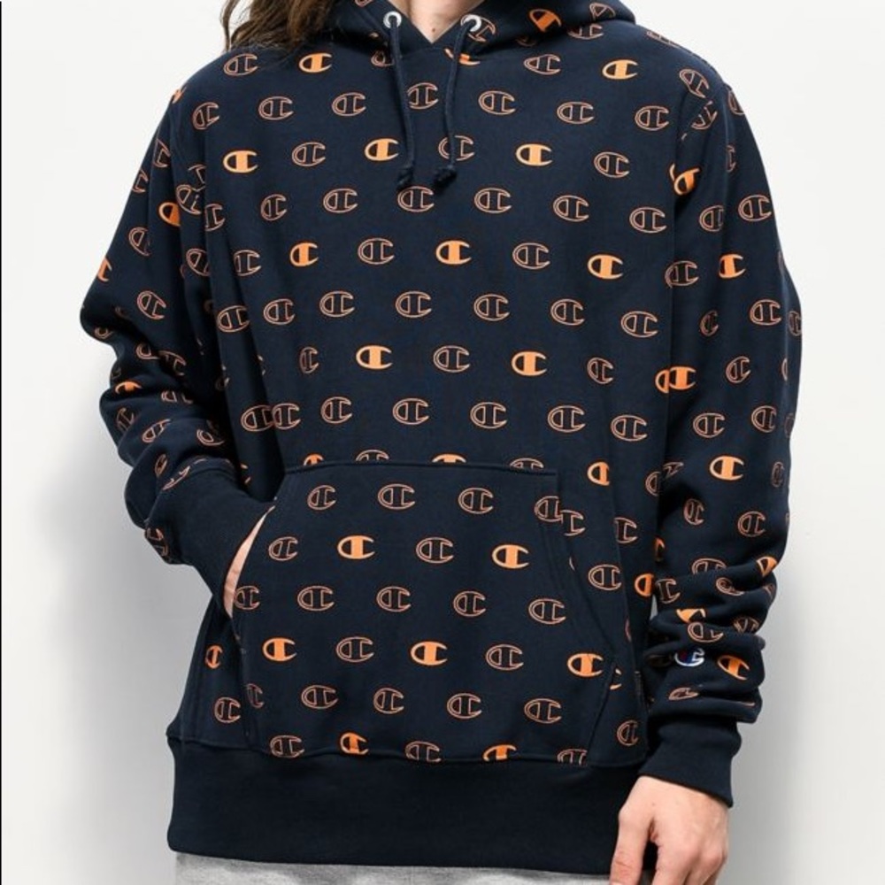 Champion all over print logo street wear hoodie pullover size large men’s